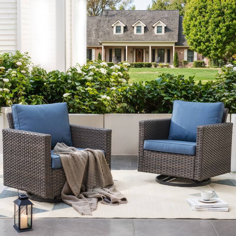 2 Pieces Outdoor Swivel Chairs with Thick Cushions - Brown - Blue