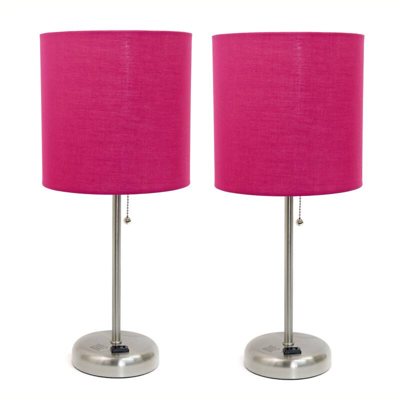 19.5" Modern Table Lamp with USB Charging Port and Fabric Shade for Home Office or Bedroom - Without Bulb - Pink-2Pieces