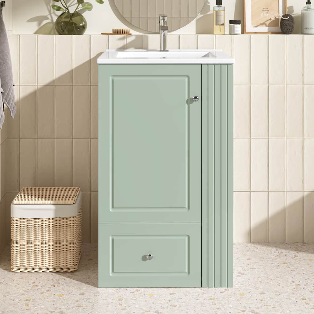 Modern Small Bathroom Vanity with Ceramic Sink, 20" Single Sink Bathroom Storage Cabinet with Side Shelves & Towel Bar