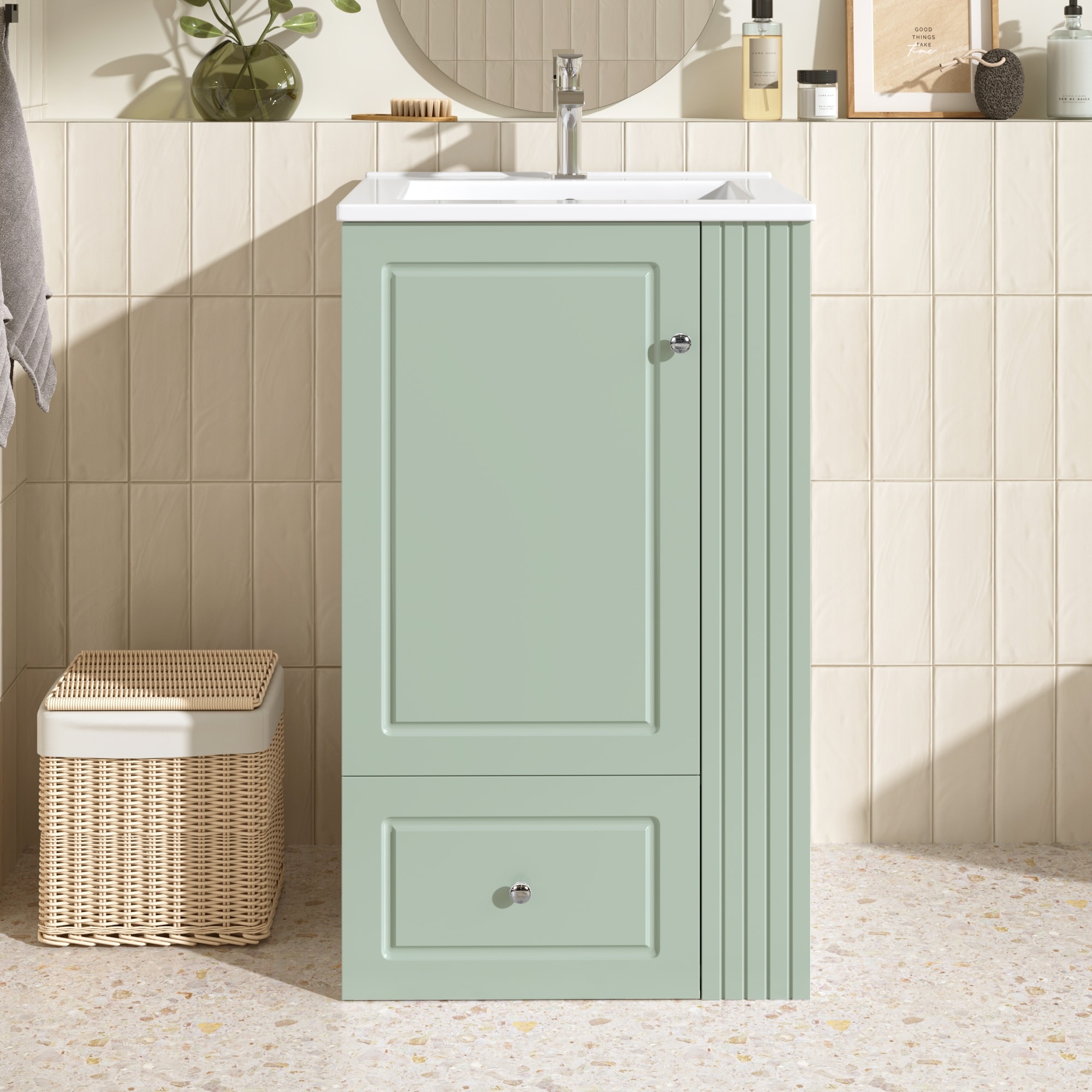 Modern Small Bathroom Vanity with Ceramic Sink, 20" Single Sink Bathroom Storage Cabinet with Side Shelves & Towel Bar