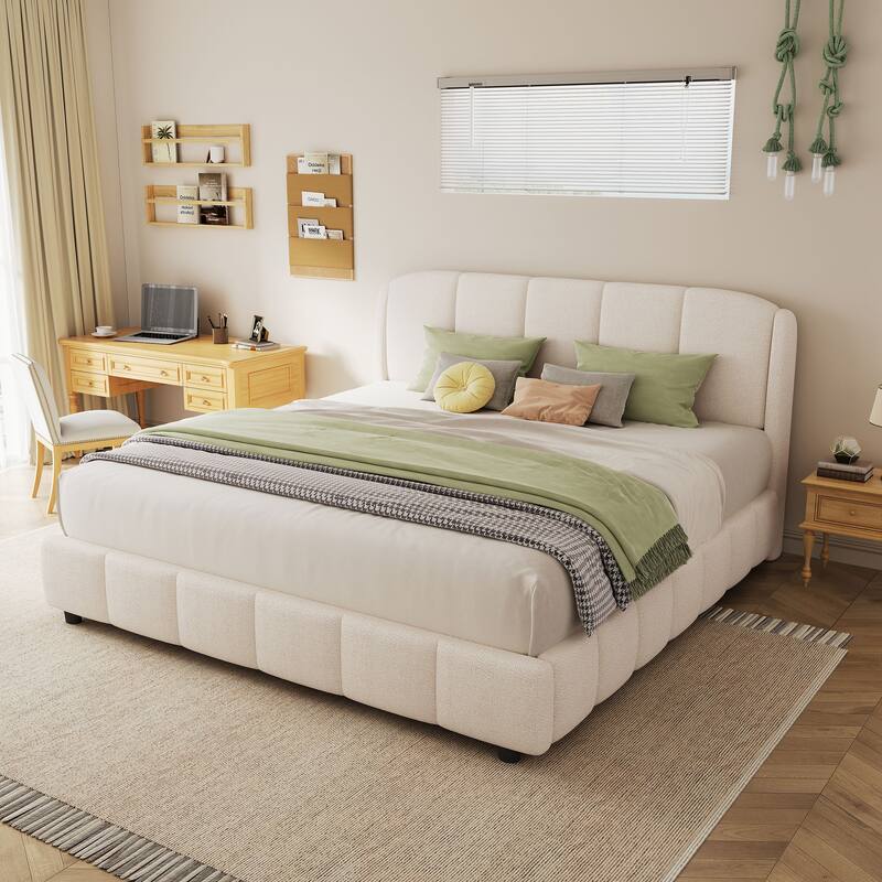 Upholstered Platform Bed w/Curve-Shaped Design Headboard, Soft Boucle Fabric Bed Frame, Wood Slats Support, Easy Assembly, Beige - Beige - Queen