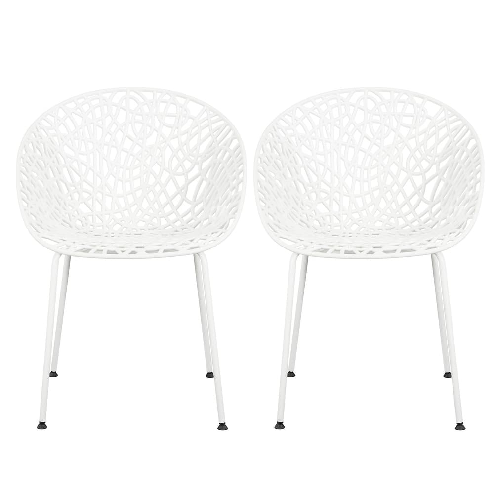 Roomfitters Neiman Outdoor Plastic Dining Chairs with Iron Legs, Modern Diamond Pattern, Set of 2