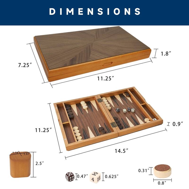 GSE™ 11" Premium Wooden Inlay Backgammon Board Game Set, Portable Folding Backgammon Board Game with Game Pieces - 11-Inch