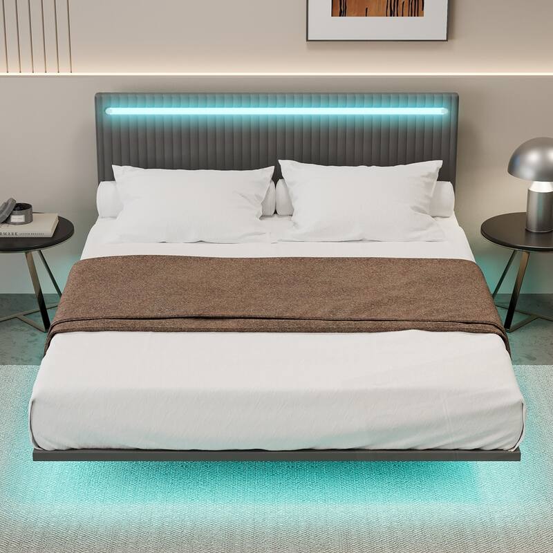 Modern Upholstered Floating Bed Frame with LED Lights Velvet Fabric Bed - Grey - Queen