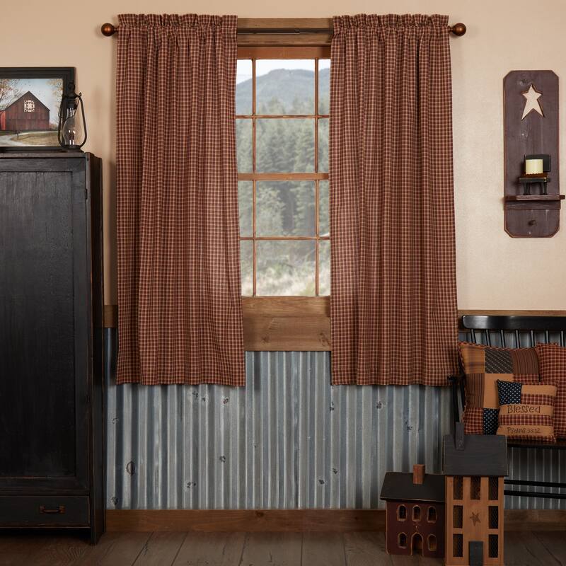 Red Primitive Curtains Patriotic Patch Panel Pair Cotton Plaid - 63x36 - Deep Red - 63x36 - 63 Inches