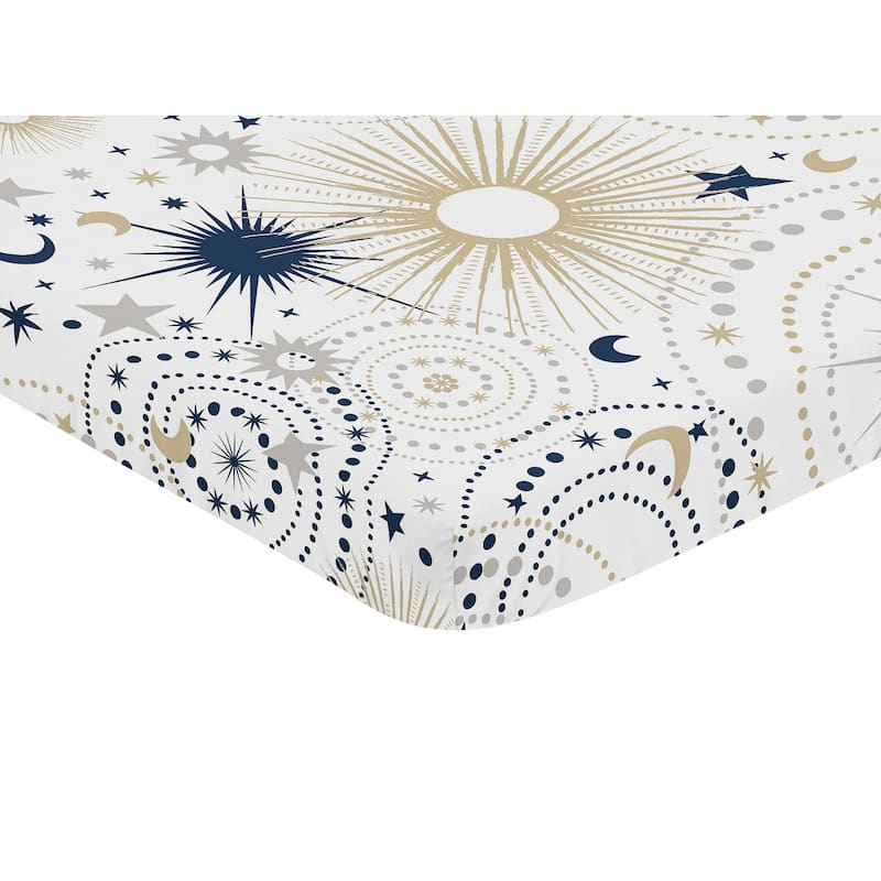 Star and Moon Baby Boy Girl Fitted Mini Portable Crib Sheet - Navy Blue Gold and Grey Celestial Sky Stars Gender Neutral Unisex