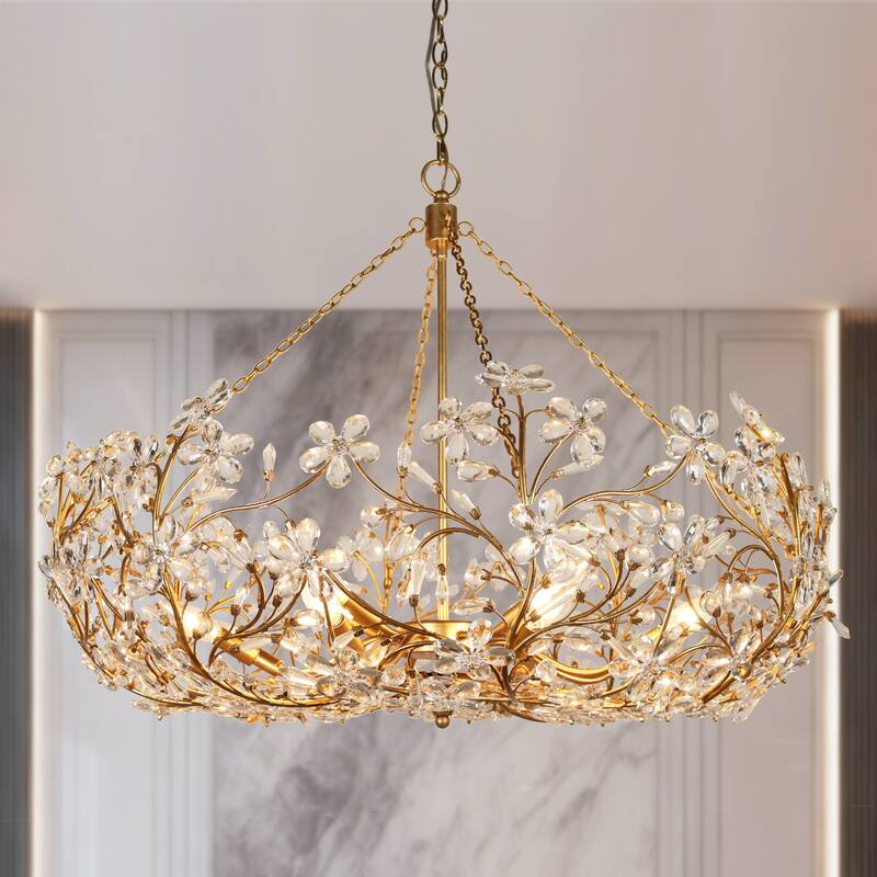 Luxury 12-Light Crystal Floral Chandelier Handcrafted Gold Foil Antique Statement Ceiling Light - Width 35" × Height 28.5"