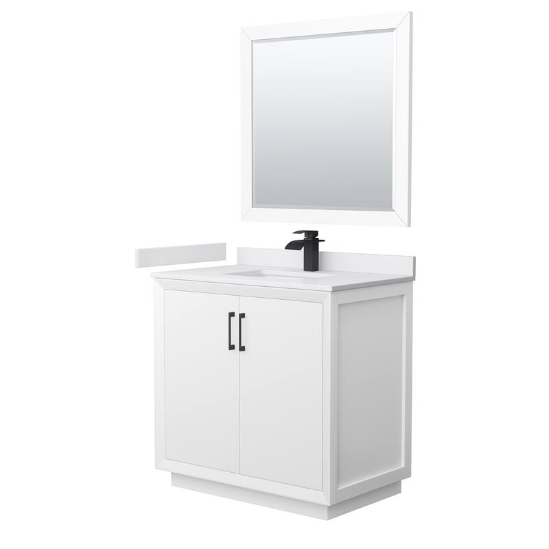 Strada 36-Inch Single Vanity Set, Cultured Marble Top, 34-Inch Mirror - White, Black Trim, White Cultured Marble Top