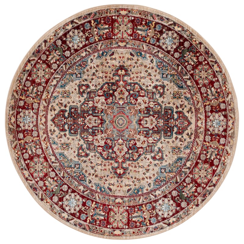 SAFAVIEH Kashan Marybeth Oriental Rug with Fringe - 6'7" Round - Ivory/Red