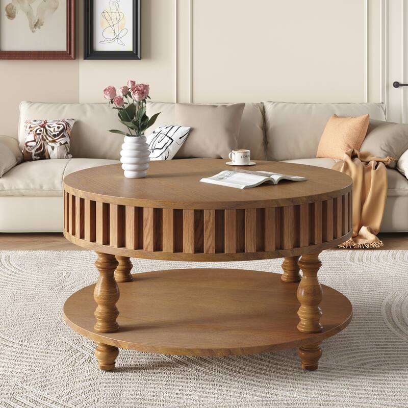 Farmhouse Fluted Coffee Table with Storage and Flip-Top Lids