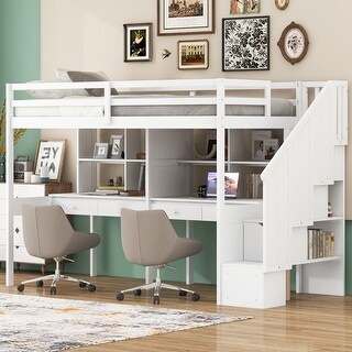 Stairway Twin Size Loft Bed with Double Desks and Storage Shelves, Wooden Loft Bed Frame with Storage Staircase & Guardrails