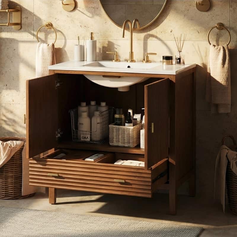 Christopher Knight Home - Mid-Century Freestanding Bathroom Vanity with Ceramic Sink, Flip-Up & Dual Drawers