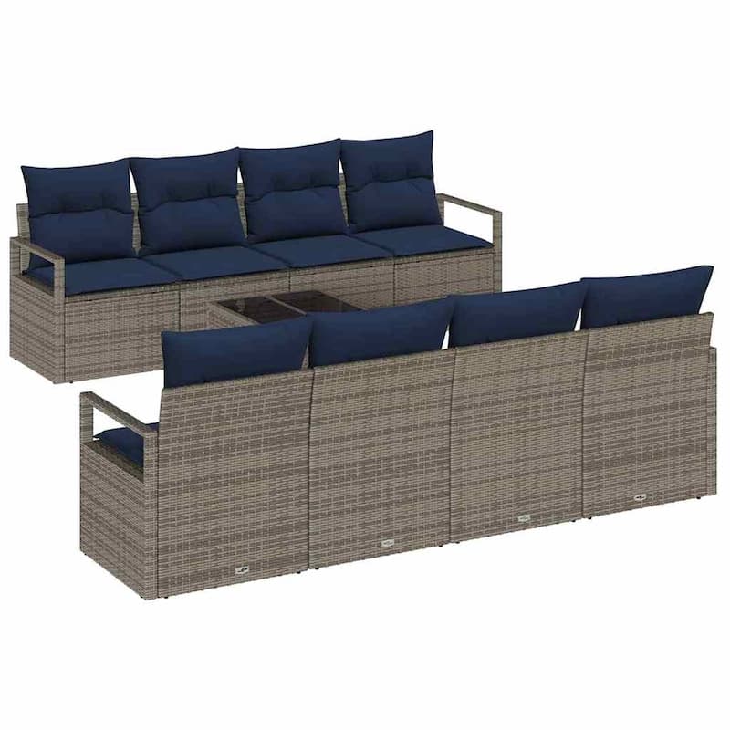 vidaXL 9 Garden Sofa Set with Cushions Black/Brown/Grey Poly Rattan - 90.6 x 24.4 x 27.2