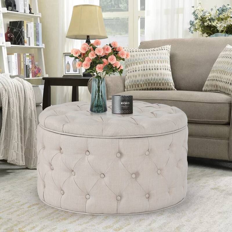 Adeco Round Storage Ottoman Button Tufted Footrest Stool Bench