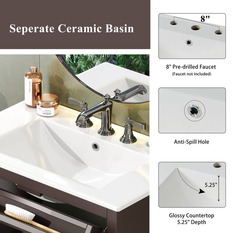30" Bathroom Vanity with Ceramic Sink, Equipped with Adjustable Shelf and Tip-Out Tray