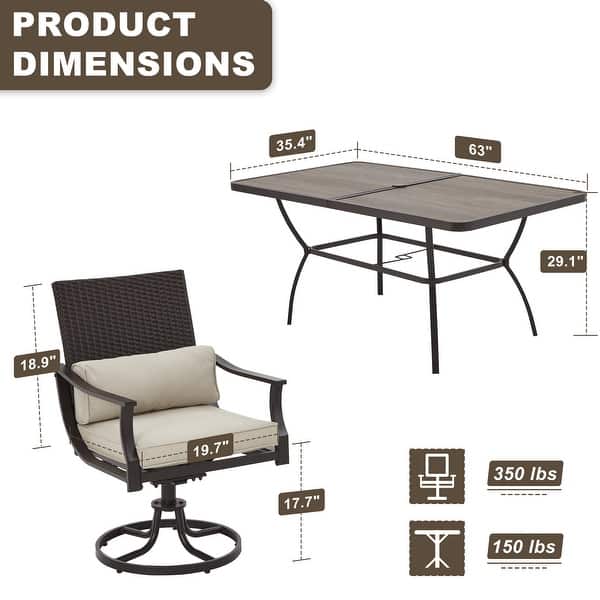 dimension image slide 2 of 5, EROMMY Outdoor Dining Set, Swivel Rocking Chairs, Rectangular Table w Umbrella Hole, Patio Furniture Set for Backyard