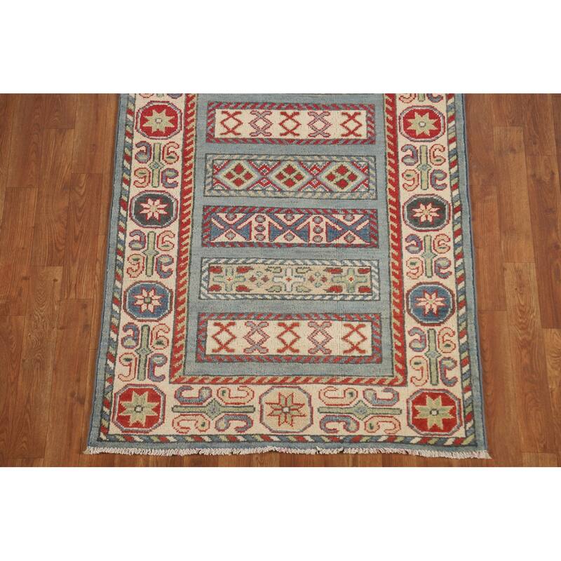 Light Blue Traditional Kazak Runner Rug Hand-Knotted Wool Carpet - 3'1" x 16'5"