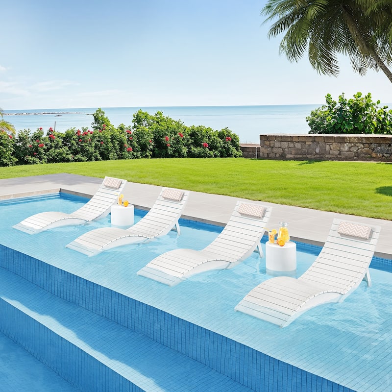 3-Piece Folding HDPS Plastic Outdoor Pool Chaise Lounges with Headrest Cushion - White