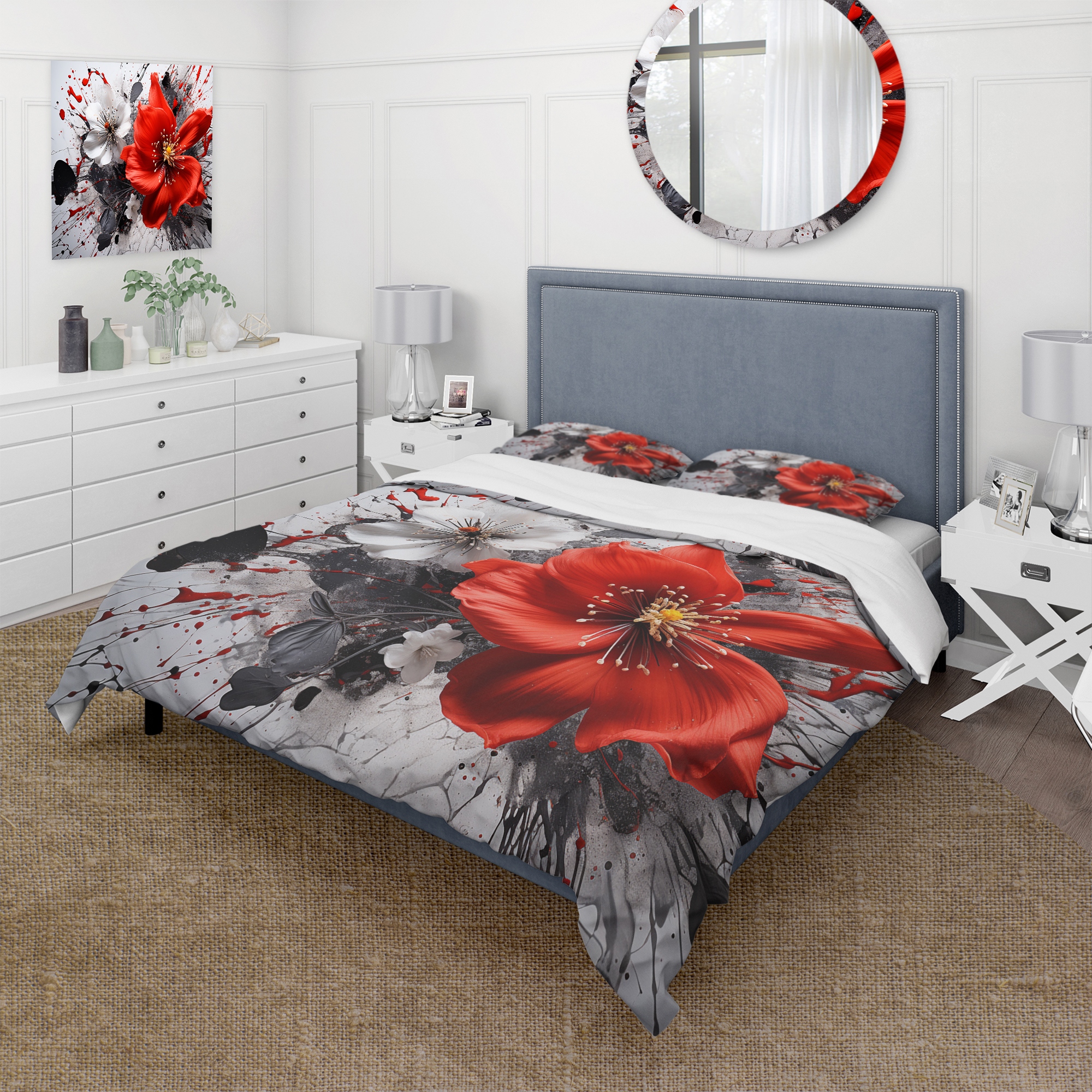 Designart Red Grey Botanical Symphony I Red Modern Bedding Cover Set With Shams