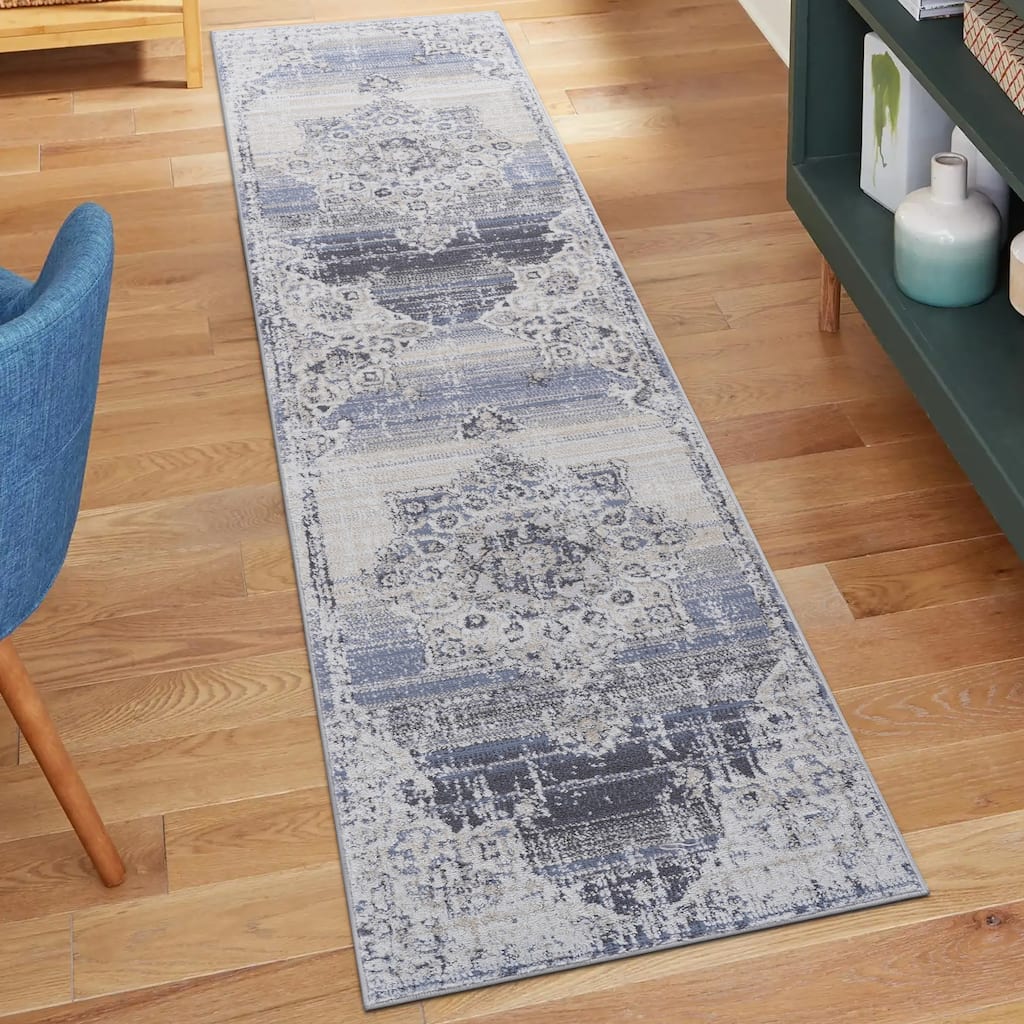 Roomfitters 2x8 Machine Washable Boho Vintage Area Rug, Non-Slip Pet Friendly Indoor Living Room Decor Carpet - Cream+Blue