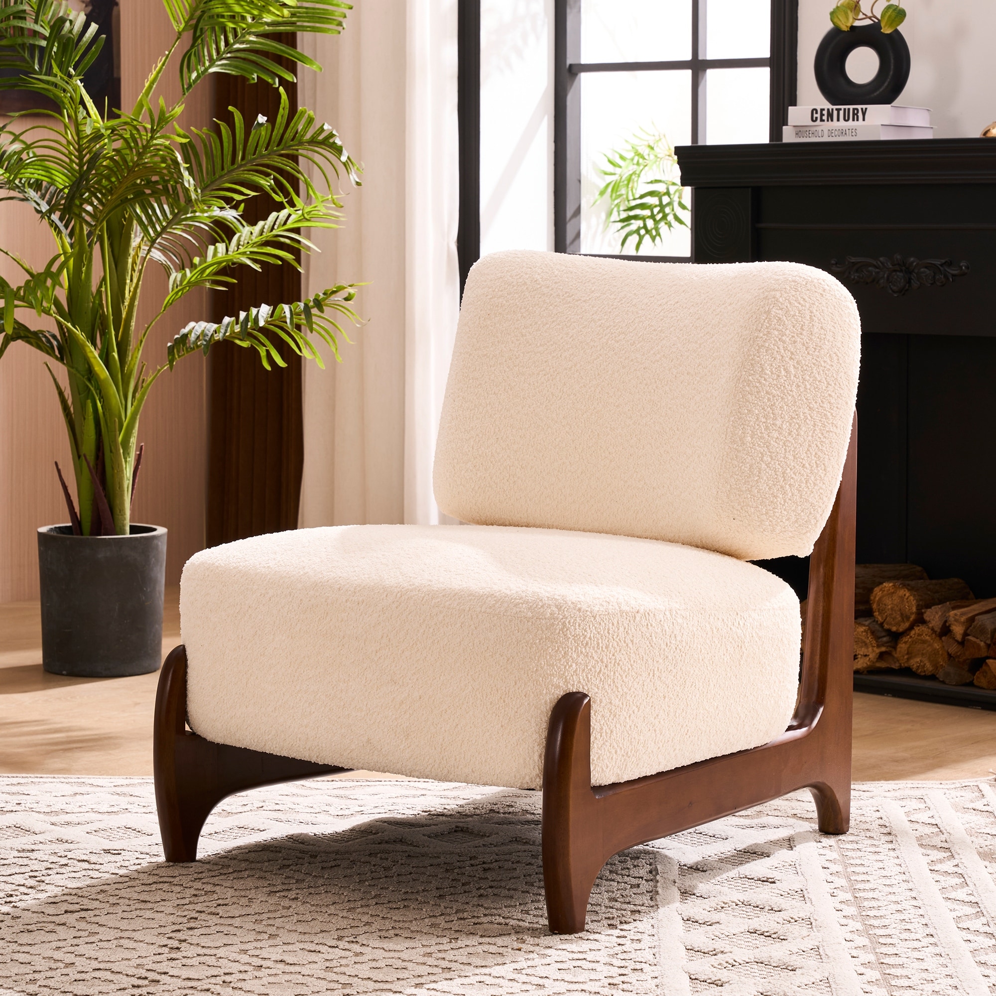 30"W Mid-Century Modern Accent Chair with Solid Wood Frame, Boucle Comfy Living Room Chair for Bedroom Lounge Reading Room