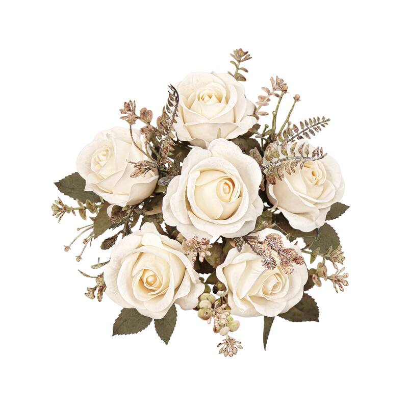 Set of 2 Cream Ivory Artificial Rose Flower Stem Bush Bouquet 15in - 15" L x 8" W x 8" DP