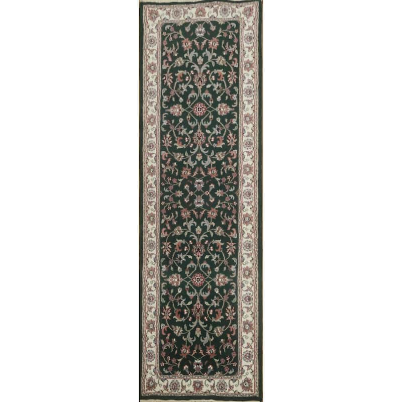 Hand Knotted Oriental 100% Wool Carpet Traditional All-Over Green Kashan Runner Rug - 8' 1'' X 2' 6''