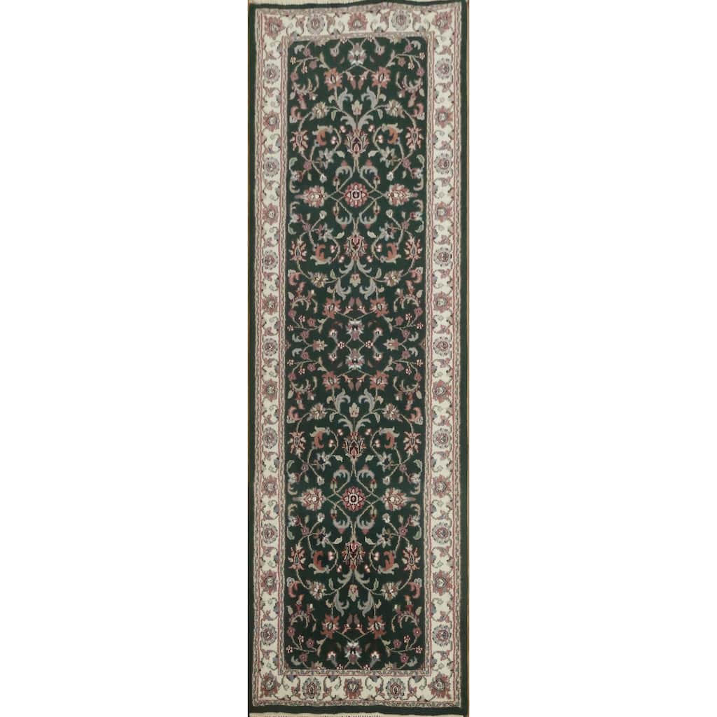 Hand Knotted Oriental 100% Wool Carpet Traditional All-Over Green Kashan Runner Rug - 8' 1'' X 2' 6''