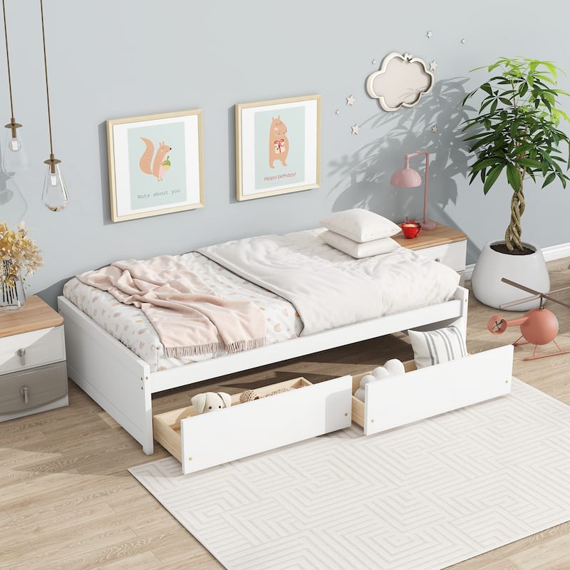 Twin Size Bed with 2 Drawers, Solid Rubber Wood Bed - White