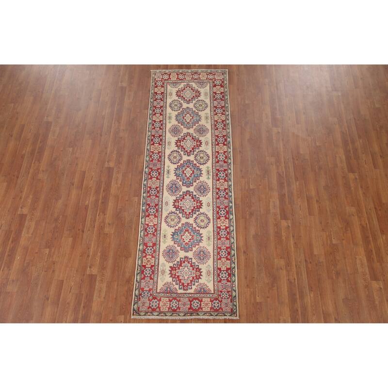 Hand Knotted Oriental 100% Wool Carpet Traditional Geometric Beige & Ivories Kazak Runner Rug - 8' 5'' X 2' 9''