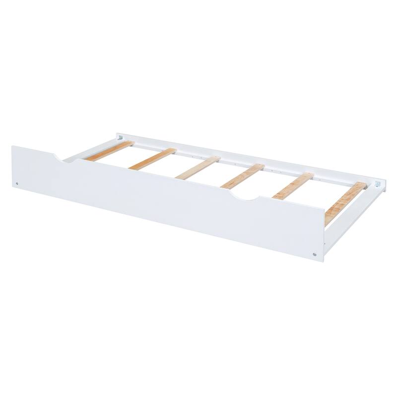 House Platform Bed With Twin Trundle, Wooden Daybed Frame with Rails, Roof and Windows, for Kids Girls Boys