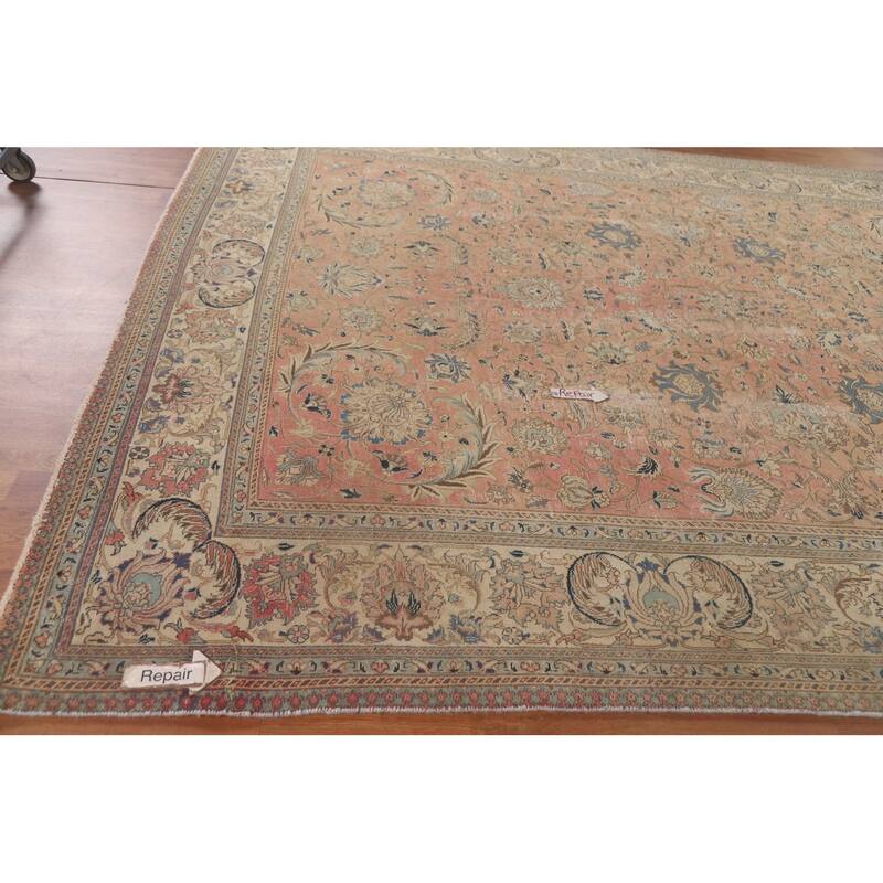 Hand Knotted Oriental 100% Wool Carpet Traditional All-Over Coral Tabriz Area Rug - 12' 6'' X 9' 2''