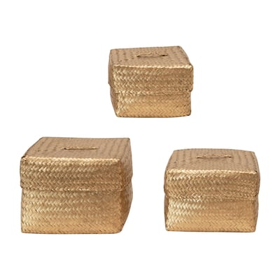 Hand-Woven Seagrass Baskets with Lids, Gold Color, Set of 3