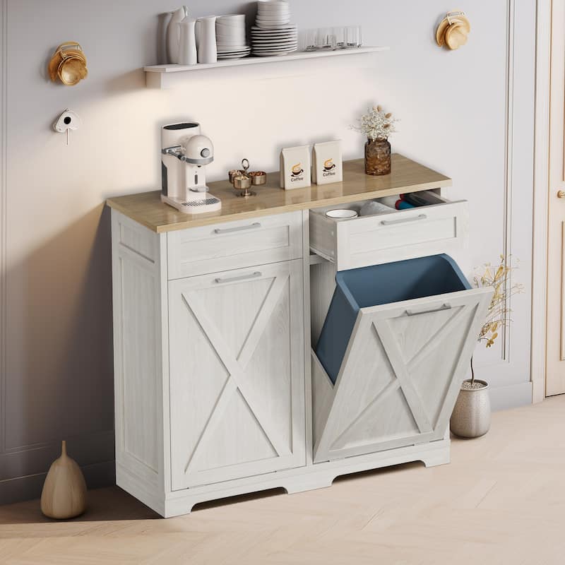 Kitchen Wooden Double Tilt Out Trash Can Cabinet with 2-Drawer Fits 10-Gallon Trash Cans