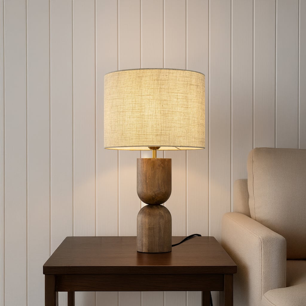 24'' Vintage Honey Brown Wood Bedside Table Lamp Classic Round Nightstand Lamp with Beige Fabric Shade for Bedroom - W14''