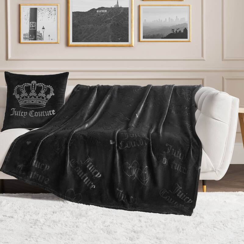 Juicy Couture Embossed Plush Throw Blanket - 50"x70" - Black Hearts