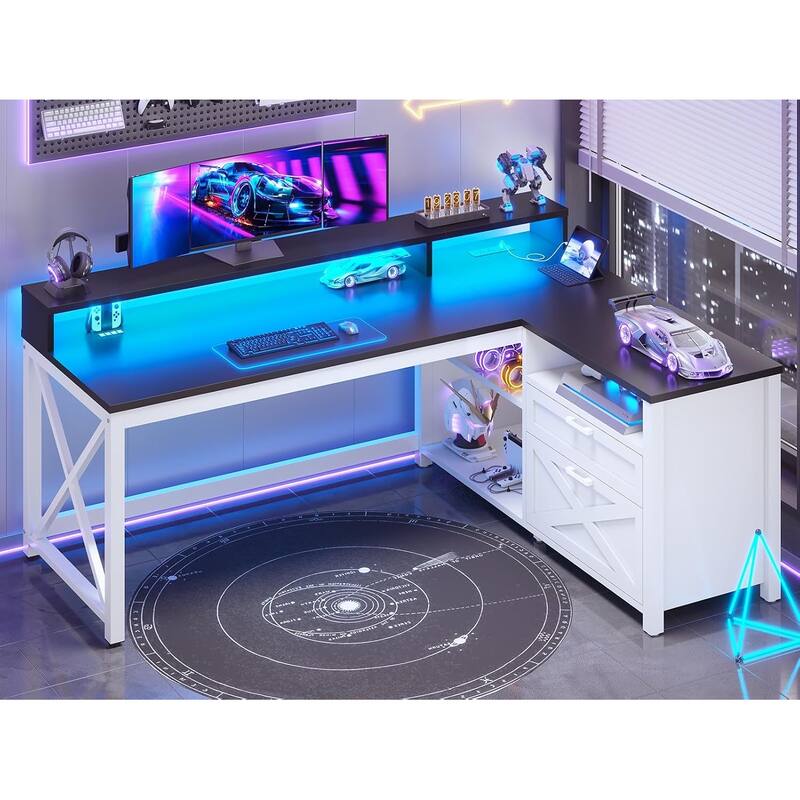 L Shaped Desk 55" Home Office Desk Drawers Storage Shelves - Black