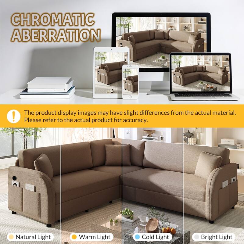 Sectional Sleeper Sofa with Pull Out Bed, Convertible Teddy Fabric Couch with Side Pockets & USB Ports, L Shaped Modular Couches