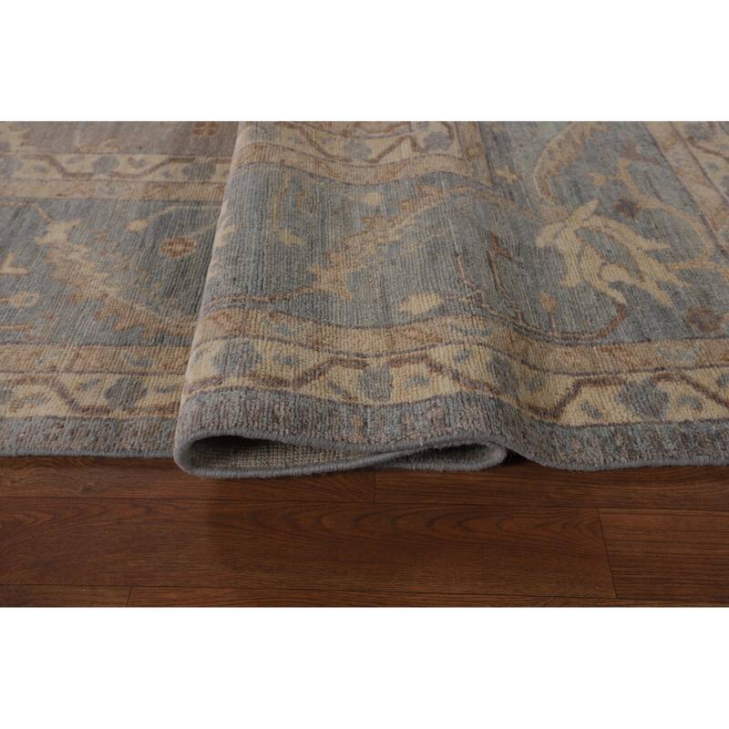 Vegetable Dye Floral Oushak Turkish Rug Hand-Knotted Grey Wool Carpet - 9'4"x 11'8"