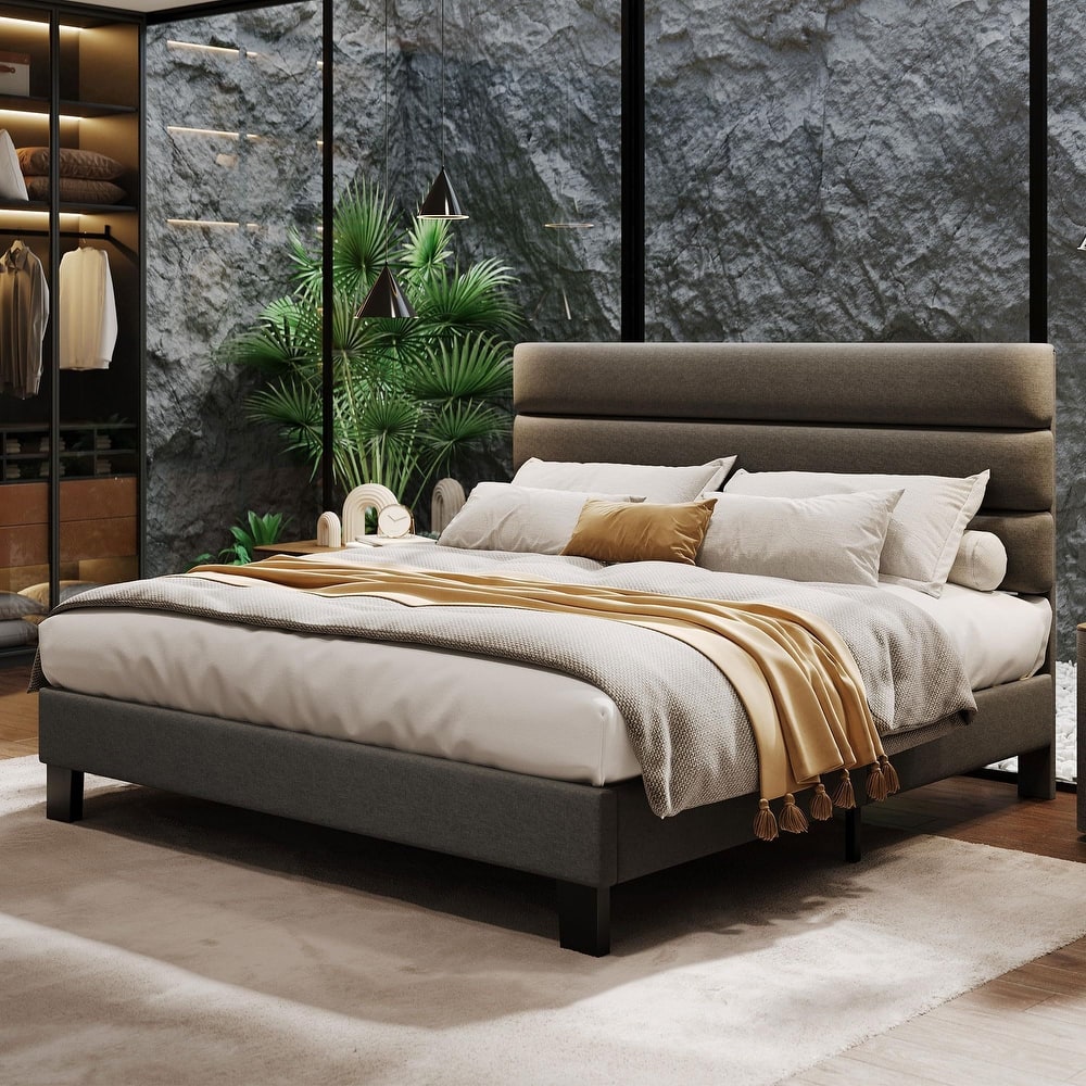 Bed Frame with Adjustable Headboard, Wooden Slats Support