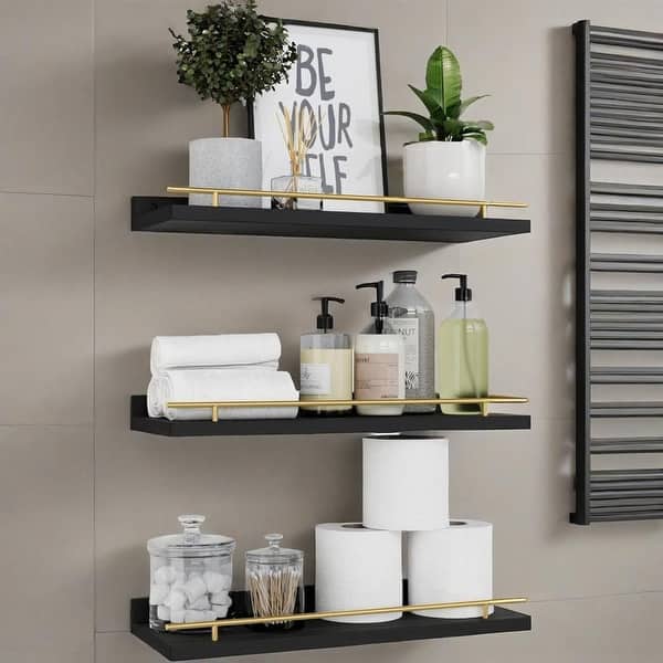 slide 2 of 6, 3 Black Metal Guardrail Floating Shelves for Home Decor - 6 Dx 15.7 Wx 0.5"H Black and Gold