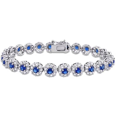 Miadora 11 1/3ct TGW Created Blue and White Sapphire Halo Floral Tennis Bracelet Sterling Silver - 7 in x 7.5 mm x 3 mm