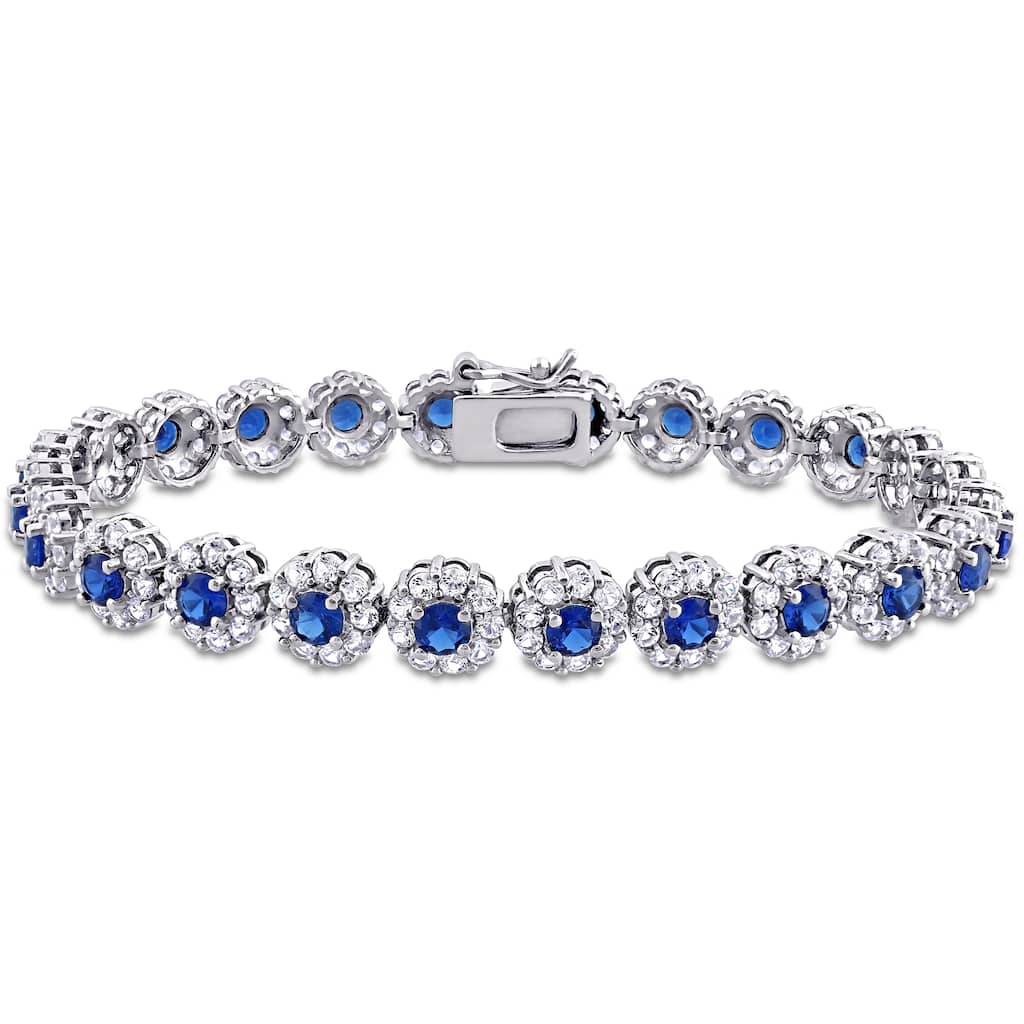 Miadora 11 1/3ct TGW Created Blue and White Sapphire Halo Floral Tennis Bracelet Sterling Silver - 7 in x 7.5 mm x 3 mm