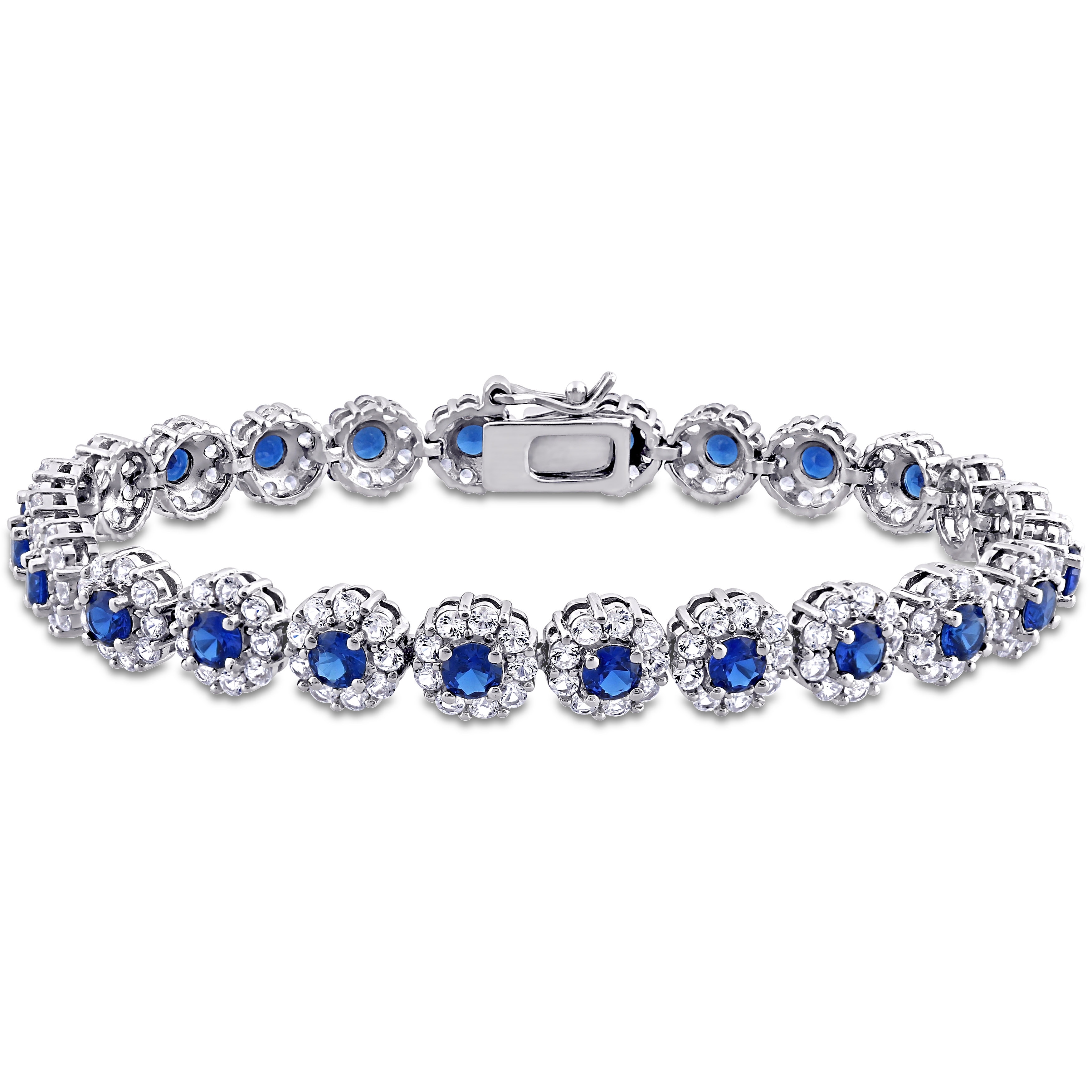 Miadora 11 1/3ct TGW Created Blue and White Sapphire Halo Floral Tennis Bracelet Sterling Silver - 7 in x 7.5 mm x 3 mm