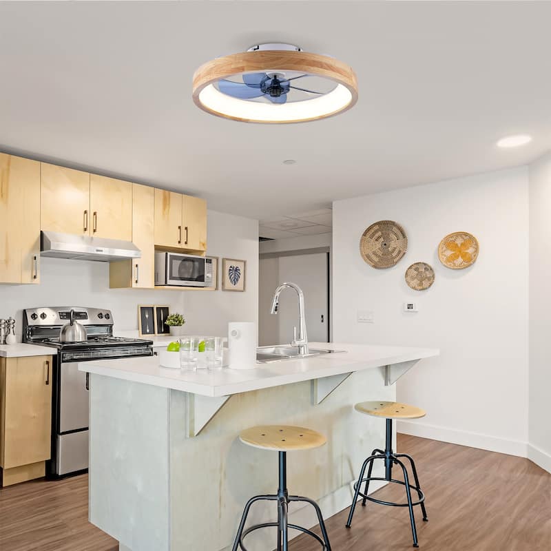 20" Farmhouse Natural Wood Flush Mount Ceiling Fan with Dimmable LED Light and Remote