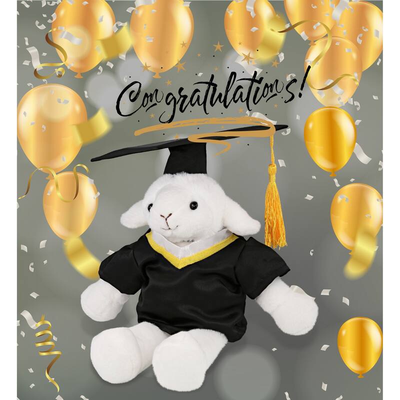 DolliBu Long Leg Lamb Graduation Plush Toy with Gown and Cap w/ Tassel - 10.5 inches