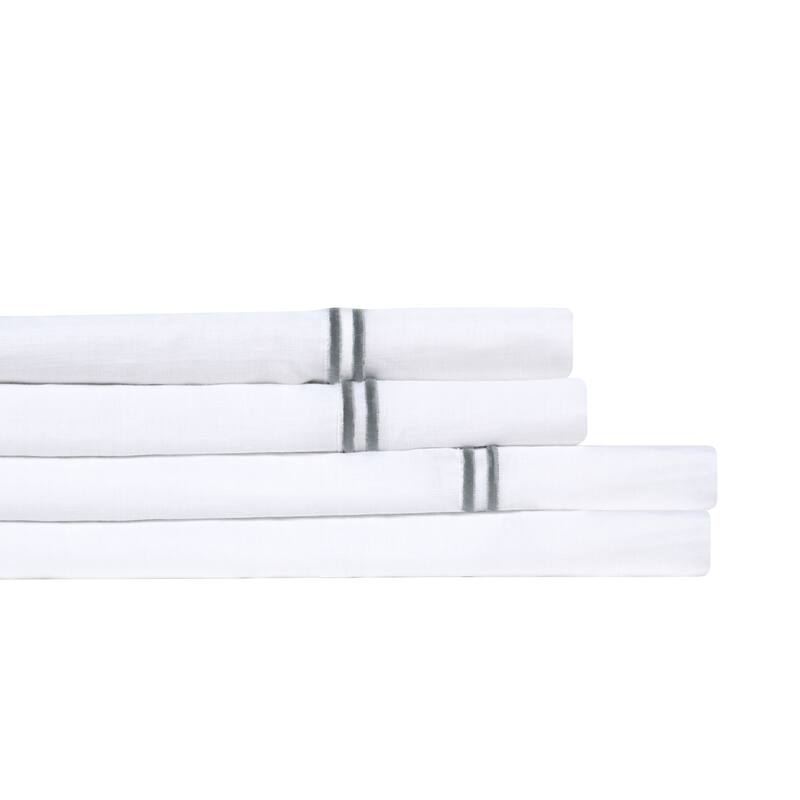 Belgian Flax Linen Collection 2 Stripe Embroidery Bed Sheet Set