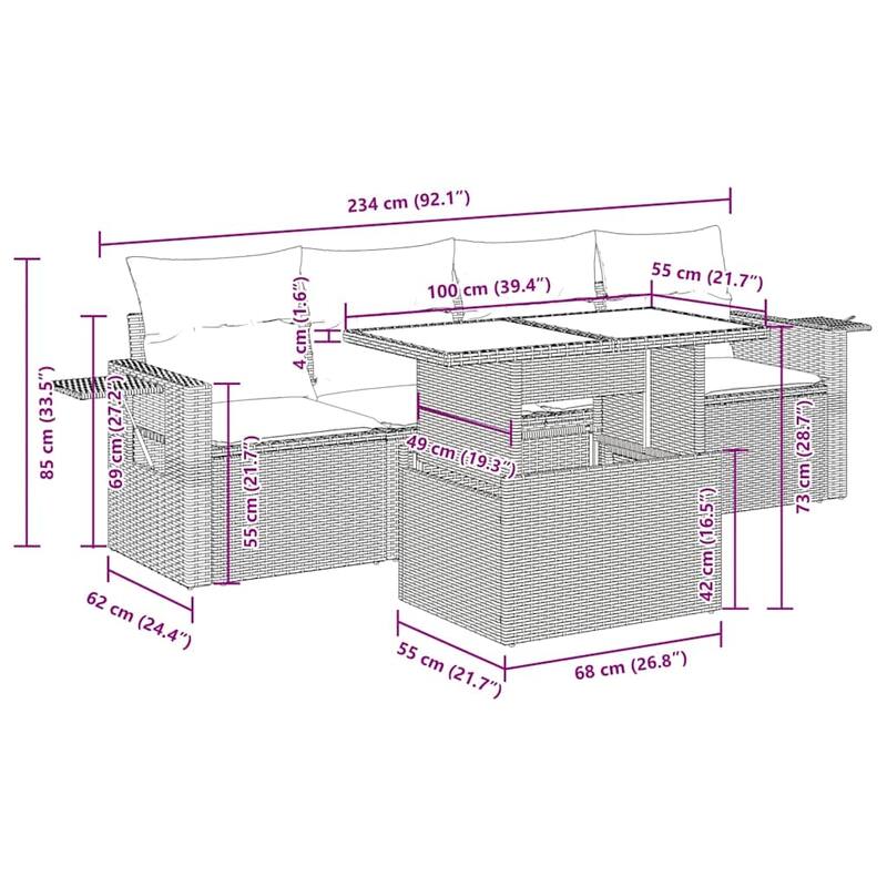 vidaXL Patio Sofa Set with Cushions Outdoor Furniture 5 Piece Poly Rattan - 21.7 x 39.4 x 28.7