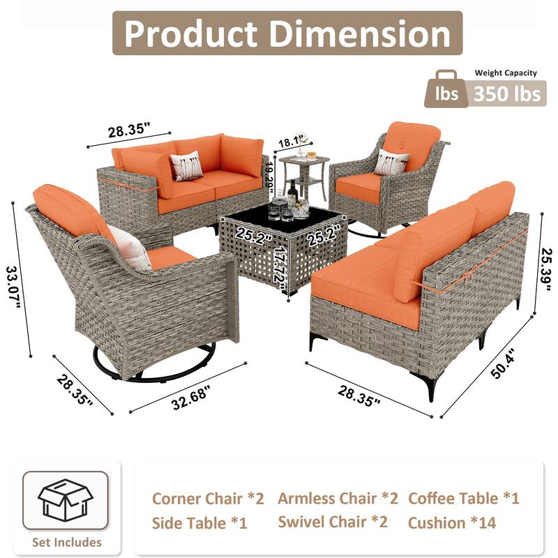 OVIOS 8 Pieces Outdoor Wicker Swivel Chair Set With Solar-Powered Coffee Table