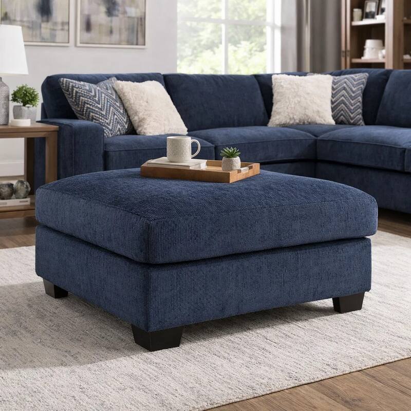 Avie Oversized Ottoman, Faux Wood Details, Navy Blue Polyester 38 Inch